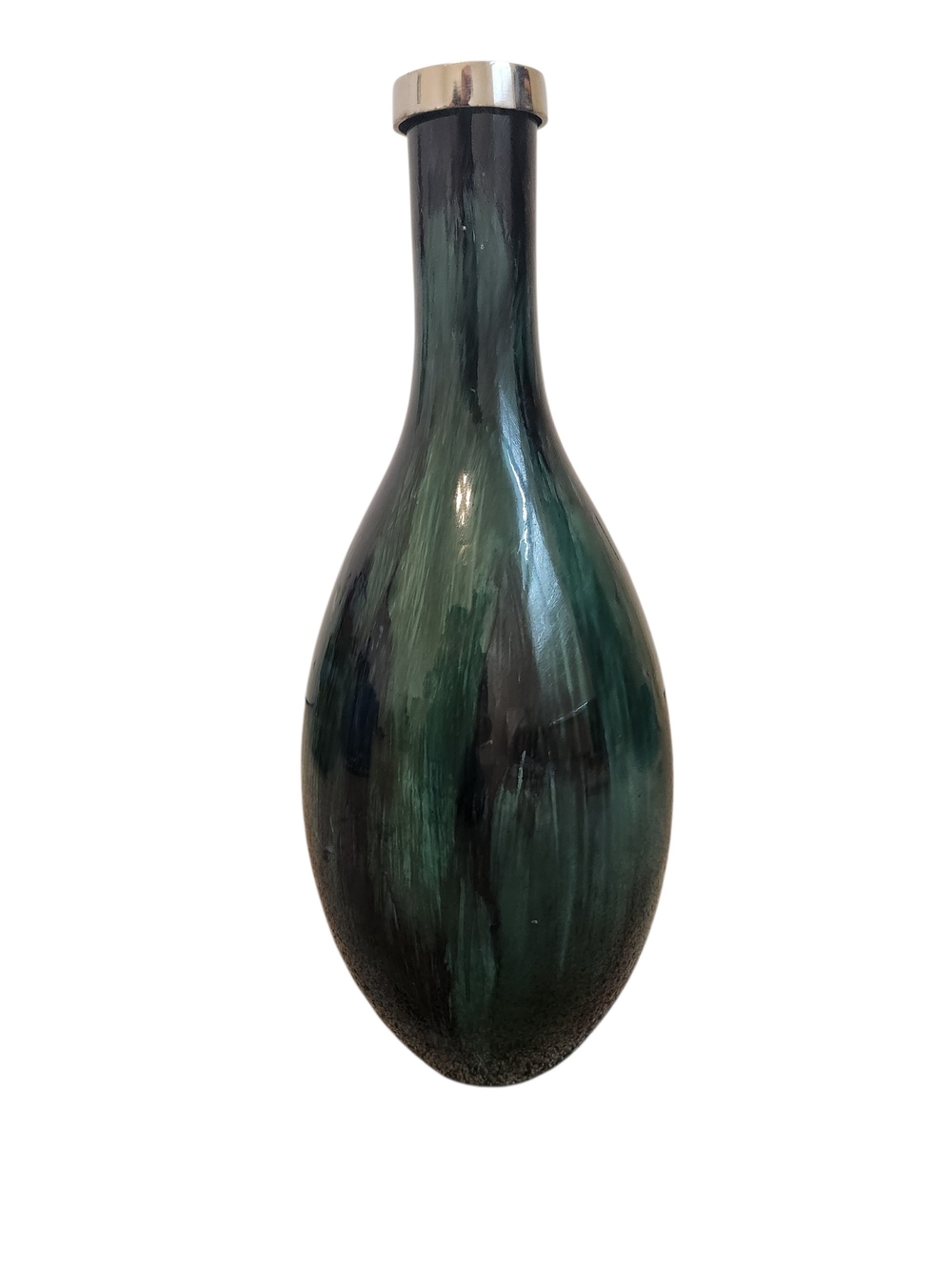 Green and Black Glass Vase with Silver Rim